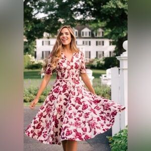 Gal Meets Glam Edith Cream Pink Floral Midi Fit & Flare Dress